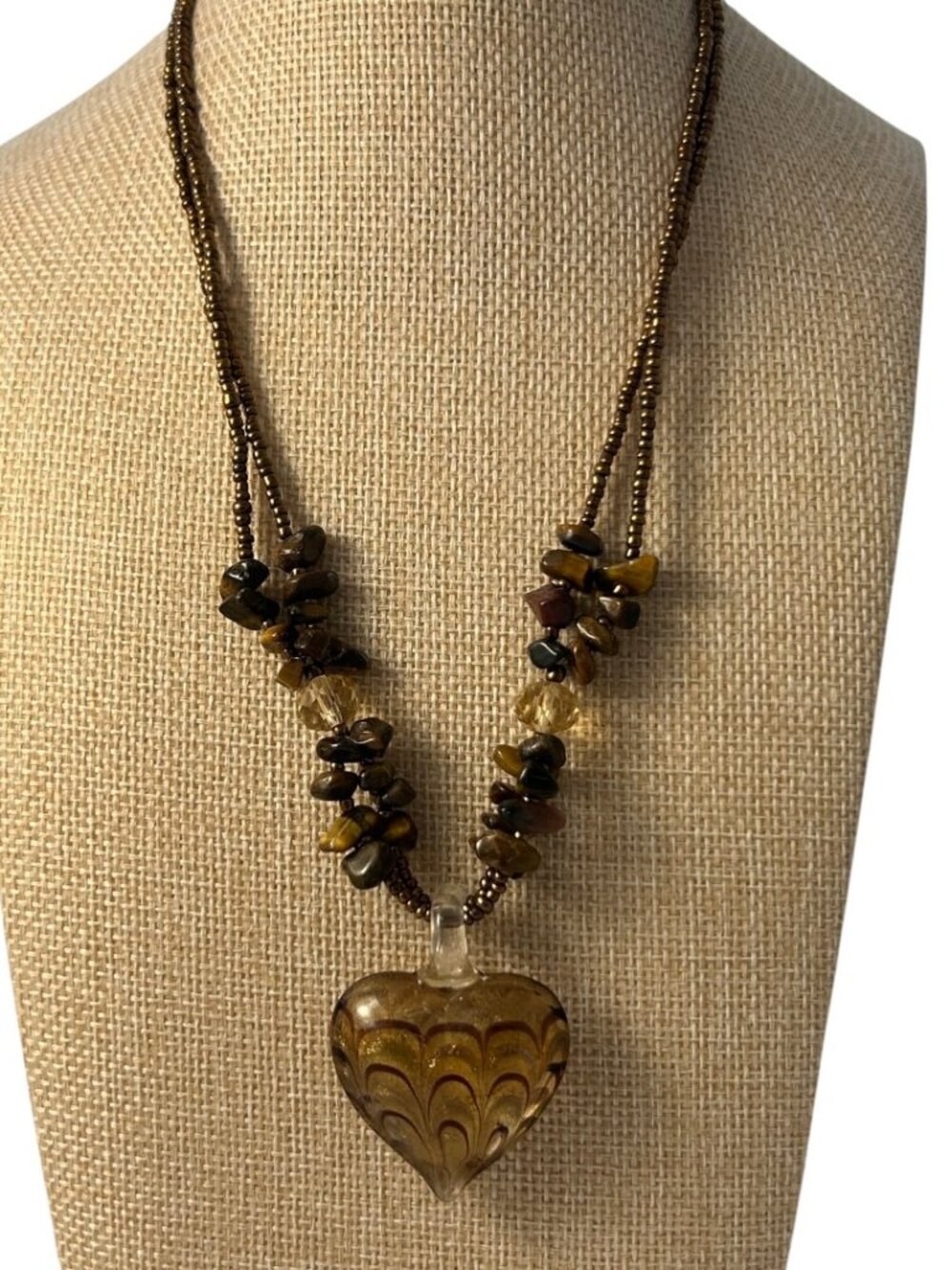 Chip Seed Bead Necklace Lampwork Glass Heart Pendant Double Strand Boho Brown